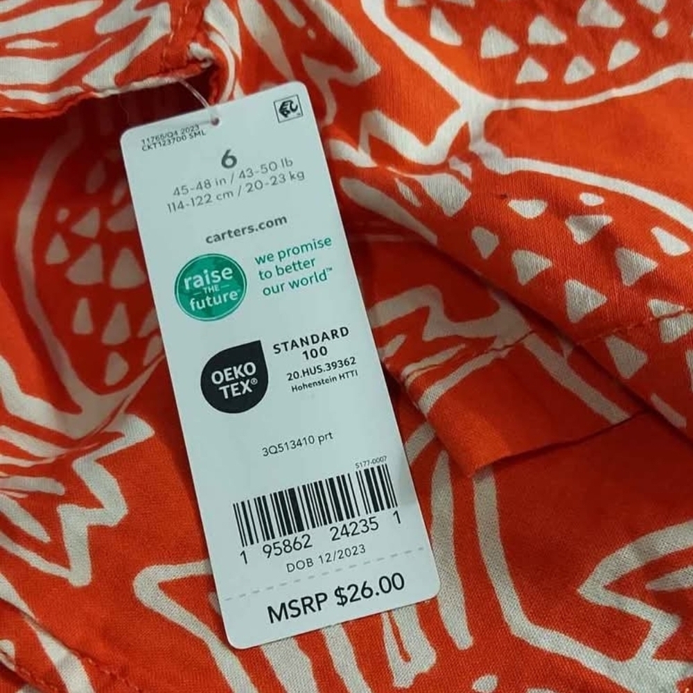 NWT Carter's Orange Pineapple Print Button Down Shirt ~sz 6 - Picture 2 of 2